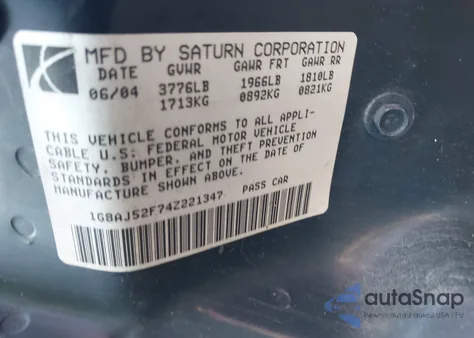 2004 Saturn Ion 2 z USA, uszkodzony, nr VIN 1G8AJ52F74Z221347